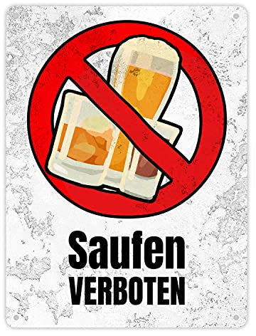 Saufen verboten Verbotsschild im Comic-Stil mit Steinoptik kein Alkohol Hinweisschild Alkoholverbot Warnschild Metallschild XL in 21x28 cm für alle die etwas gegen Alkoholgelage