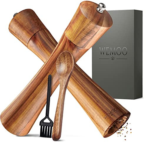 WEMOO® Salz und Pfeffermühle aus Holz sehr Gross (25,5 cm) | Gewürzmühlen mit robustem Keramikmahlwerk | Extra Befüllungslöffel und Reinigungspinsel | Set mit Pfeffer und Salzmühle