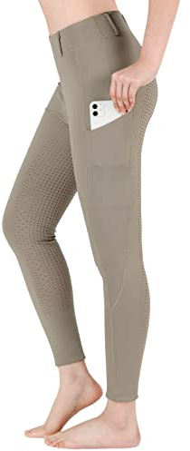 BEROY Pantalones de equitación para mujer y niña con ribete completo de silicona y bolsillo para el móvil, tobillos flexibles y elásticos para equitación. A01/Khaki XXXL