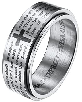 HIJONES Herren Edelstahl Bibel Vers Lords Prayer Kreuz Gott Ring Farben Spinner Silber Ringe Größe 65