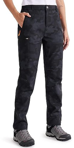 Libin Damen Wanderhose Thermohose Gefüttert Winter Outdoorhose Warme Softshellhose Wasserdicht Winddicht Skihose Trekkinghose, Camo Schwarz S
