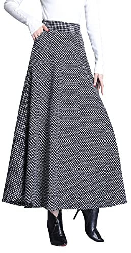 Damen Lange Rock Elegant Wollrock Winterrock Warm Plaid Casual Party Maxirock Hohe Taille A-Linie röcke Retro Elastische Taille Faltenrock Schwarz 1027 -M