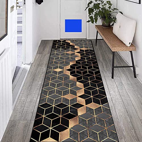 Teppich Läufer Flur rutschfest Meterware 80×180cm Geometrisch Schwarz Grau Golden Diamantgitter Küchenläufer Flurläufer Lang Polyester Teppichläufer, für Korridor Schlafzimmer Innen Wohnzimmer