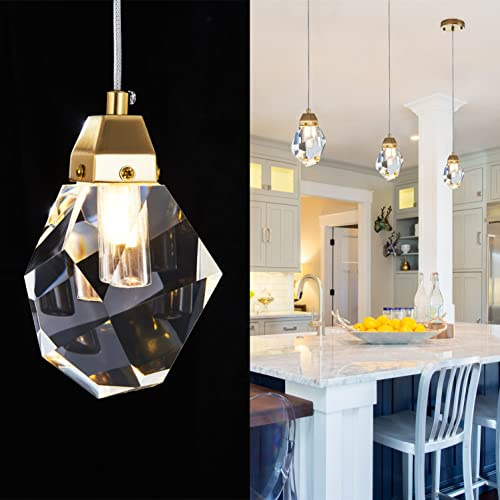KOKAiZeeKi 1-Licht Diamant-Kristall-Pendelleuchte, Mini-Decken-Pendelleuchte, Gold gebürstetes Messing-Finish Prisma Kristall-Farbwechsel-LED-Hängeleuchte für Kücheninsel Badezimmer Schlafzimmer Bar