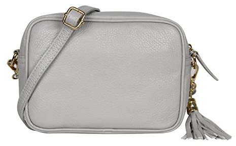 AMBRA Moda GLX8 - Damen Handtasche Umhängetasche Schultertasche Handytasche aus genarbtem Rindsleder (Hellgrau)