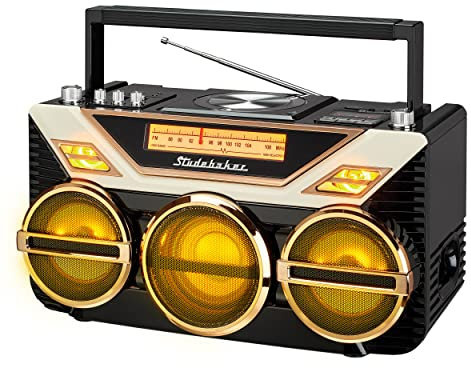 Studebaker Avanti Stereo Boombox with CD, FM Stereo Radio, Bluetooth Receive and Transmit, LED Light Show and 15W Subwoofer for High Power Bass (Black)