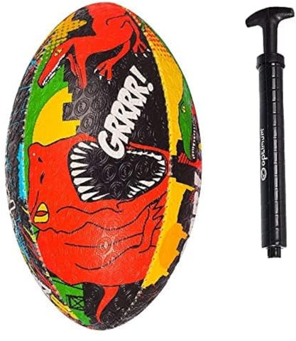 Optimum Rugby Ball - Balanced and Responsive for Accurate Handling and Kicking - Perfect for Training and Gameplay - 2-Ply 410g - Dino City - Size 4 - with Pump