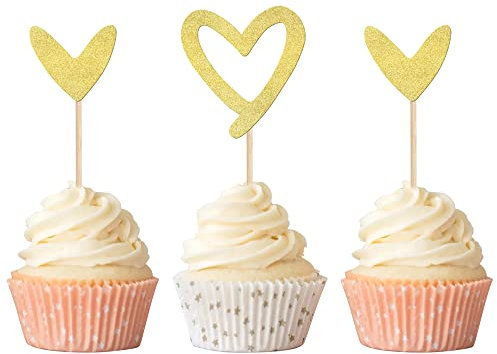 Xsstarmi 24 Pack Gold Heart Cupcake Toppers Glitter Sweet Love Valentine's Day Cupcake Picks for Wedding Engagement Anniversary Bridal Shower Birthday Party Cake Decorations Supplies