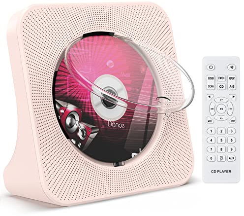 KOVCDVI CD Player mit Lautsprecher CD Player Bluetooth 5.0 CD-Player Desktop mit Fernbedienung Staubschutzhülle Bildschirm FM-Radio Timer USB-Wiedergabe AUX-Wiedergabe Kopfhöreranschluss Rosa