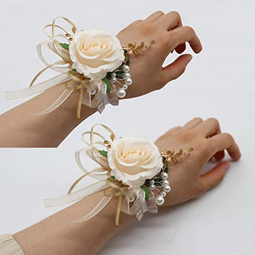 YOKOKE 2 Ansteckblumen, handgefertigte künstliche Pfingstrosen, Rose, Handgelenk-Anstecknadel, Handgelenk-Ansteckblume für Hochzeit, Abschlussball, Anzug, Dekorationen (2 goldene