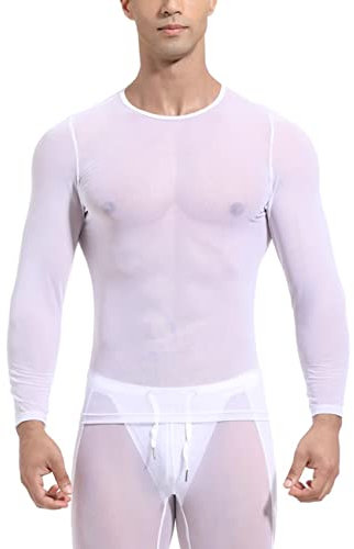 Herren Durchschauen Lange Ärmel Transparentes Netz Fitnessstudio Ausbildung Workout-T-Shirt Sexy Transparent Oberteile Clubwear Weiß M