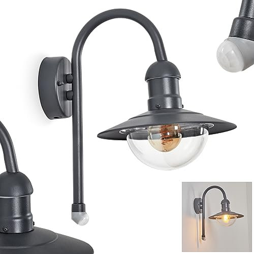 Außenwandleuchte Elima, Wandlampe mit Bewegungsmelder aus Metall/Kunststoff in Anthrazit/Klar, Wandleuchte im Retro/Vintage Design, Außenleuchte für Eingangsbereich, 1 x E27, ohne Leuchtmittel, IP44