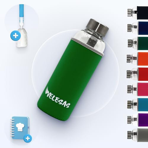 Velesas Botella 1l|500ml con funda protectora|Botella de cristal de 500ml de neopreno y tapa de acero inoxidable|Botella de agua para la escuela, las actividades deportivas, sin BPA|Verde claro