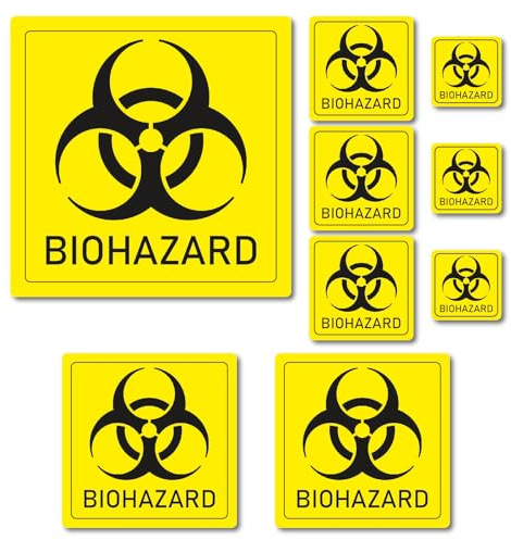 9 Stück Biohazard Warnhinweis Aufkleber Set 2/3/5/8cm Chemie toxisch Bakterium Virus Labor Sticker Toxine Erreger Praxis UV Schutz laminiert wasserfest Digitaldruck Warnung Achtung Farbe: Gelb