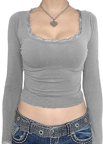 Womens Long Sleeve Scoop Neck Lace Trim Slim Fitted Casual Tee Tops Slim Basic T-Shirts Crop Tops (Z-Lace Grey, M)
