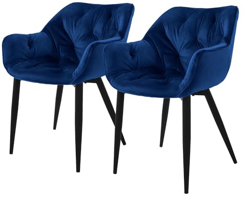 ML-Design Esszimmerstühle 2er Set Dunkelblau, Küchenstuhl mit dickem Samtstoff gepolsterter Sitz, Metallbeinen, Wohnzimmerstuhl mit Rücken- und Armlehnen, Gesteppter Polsterstuhl, Ergonomischer Sessel