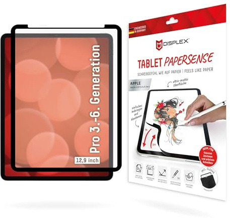 Paper Feel Schreibfolie für iPad Pro 12,9'' (6./5./4./3. Gen.), ablösbar | DISPLEX Tablet PaperSense, Schreibgefühl wie auf Papier, ideal für Apple Pencil, ablösbar ohne Kleber, mit Filz-Schutzhülle