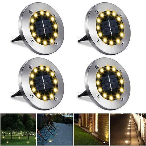 XVZ Solarlampen für Außen Garten, 4 Stück 12LED Solar Bodenleuchten, IP65 Wasserdichte Bodenstrahler für Garten, Terrasse, Rasen, Hof, Gehweg - Warmes Licht