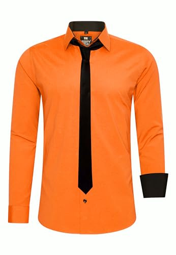 Rusty Neal Herren-Hemd Premium Slim Fit Langarm Stretch Kontrast Hemd mit Krawatte Business-Hemden Outfit Freizeithemd Set 44_99