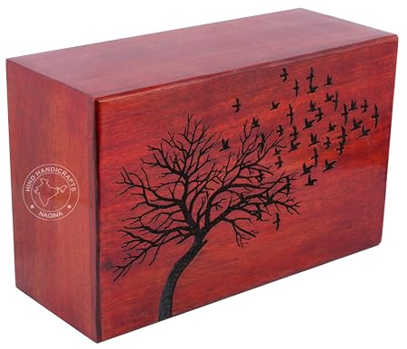 Hind Handicrafts Scatola di legno funeraria per ceneri umane, per adulti, grande, urna funeraria per colombario, uccello volante dell'albero della vita (rosso, 630 cm cubi)