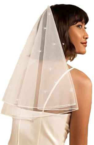 AOREAS Weißer kurzer Hochzeitsschleier, Perlen, Strass, Brautschleier, Brautschleier, Junggesellinnenabschied, Schleier für Bräute und Frauen, weiß 2, 15.75 inches