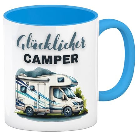 speecheese Wohnmobil Kaffeebecher in hellblau mit Spruch Glücklicher Camper Wohn-Wagen Gemüt Anhänger für Campingfreuden Mobiles Heim als Kaffeepause Unterkunft