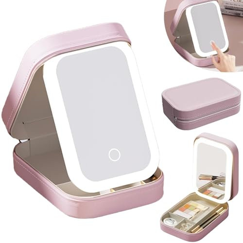 Lovelifec LED-Schminkspiegel, dreifarbig verstellbar, drei Farben, Helligkeit, verstellbarer Make-up-Spiegel mit Lichtern, wiederaufladbarer beleuchteter Make-up-Spiegel (Rosa)
