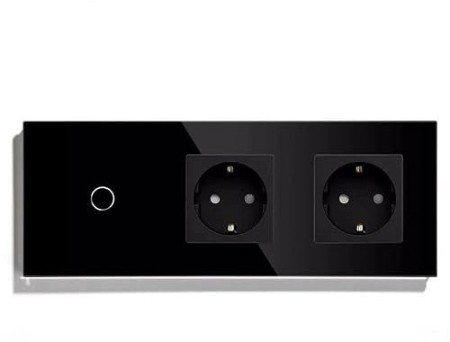 PULSAR Touch Schalter mit Steckdosen 3 Fach Glas Schwarz, Touch Lichtschalter 110V - 240V mit LED Beleuchtung, Schuko Steckdose Unterputz x2 230V 16 A/Nicht Smart Schalter