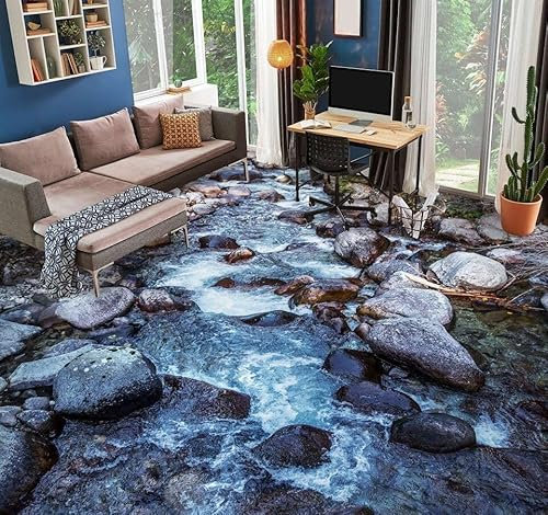 Autocollant De Sol Étanche Pierres de rivière 3D, 150 * 105cm Sol Papier Peint Peintures Murales Auto-Adhésif Amovible Cuisine Bain Sol Étanche Tapis Tapis Impression Époxy