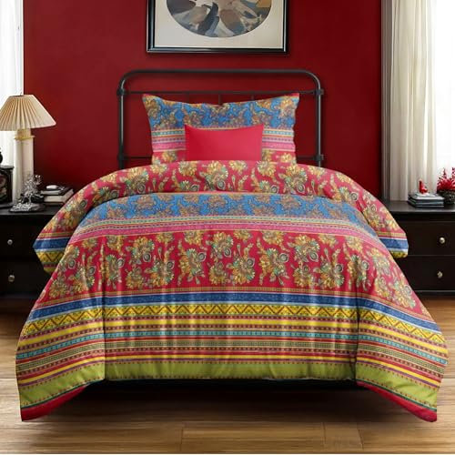 Dreamzie Böhmisch Bettwäsche 135x200cm 2 Teilig Rot Blau Bunt Indischen Boho Bohemian Bettbezüge mit Reißverschluss und 1 Kissenbezug 80x80cm aus 100% Mikrofaser - Zertifiziert Oeko TEX