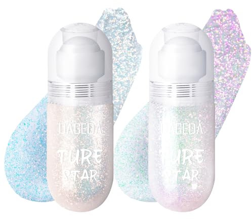 Prreal 2PCS Roll-on Body Glitter Gel, Mermaid Makeup Festival Rave Accessories, Gliter Face Paint Holographic Hair Glitter Gel, Sparkle Body Shimmer Halloween Makeup for Party,02+03#