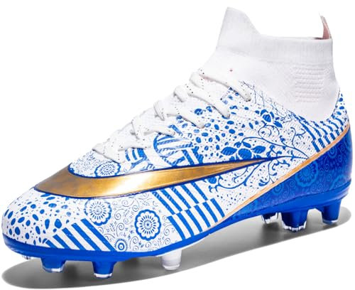 VTASQ Boys' Football Boots Kids Astro Turf Trainers Spikes Non-Slip Junior Football Shoes Outdoor Athletic Sneakers Football Shoes Unisex White 1UK