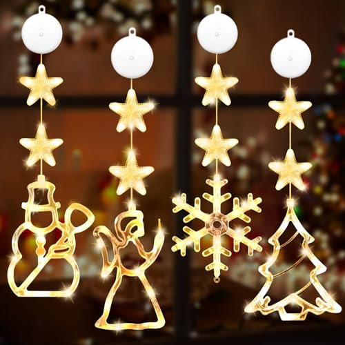 IWTBNOA Luces LED navideñas para ventanas, 4 unidades LED para ventanas, decoración navideña con ventosas, cadena de luces para decoración de Navidad, ventanas, habitaciones, balcón, fiesta, interior