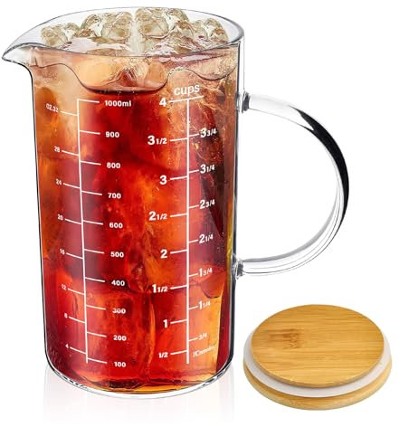 Milkary Glass Measuring Cup, 1000 ML (33.8 Oz, 4 Cup) High Borosilicate Glass Measuring Cup with Wood Lid, V-Shaped Spout, Transparent