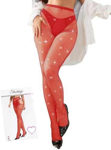comeondear Medias de Rejilla Pantimedias Brillantes con Strass Medias de Red Elástico Medias de Cintura Alta Talla Grande(Rojo,XS-M)
