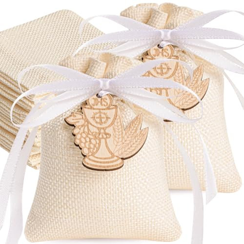 Sonekin 50pz Sacchetti Confetti Comunione, 10x8cm Bomboniere Cresima, Adatto per Adatto per Festival, Feste, Matrimoni (Beige + 50pz Santo Graal)