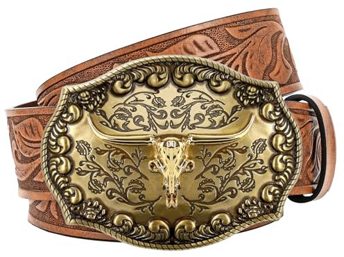 JasGood Western Leder Cowboy Gürtel für Herren Damen Longhorn Schnalle Cowgirl Gürtel Floral gravierte geprägte Vintage Unisex Gürtel für Jeans