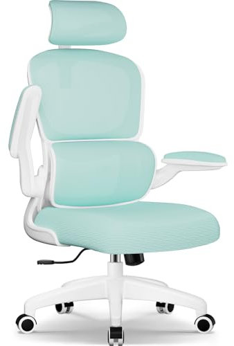 Aiidoits Bürostuhl mit Klappbaren Armlehnen, Lendenwirbelstütze und Höhenverstellbarer, Bürostuhl Ergonomisch 150 kg, Wippfunktion bis 135°, Blaugrün