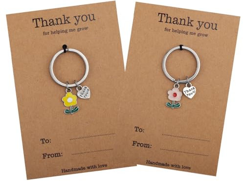 2pcs Porte-Clés pour Enseignant, Cœur Fleur Cadeaux d'Appréciation pour Enseignant Thank You for Helping Me Grow Cadeaux Saint-Valentin pour Enseignant Femme Noël Thanksgiving (Jaune, Rose)