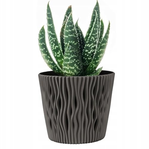 B2C Indoor Plant Pots with Insert Plastic Flowerpot Small Large Planter Home Decor Wavy Grooves Texture Removable insert (Grey, 19cm)