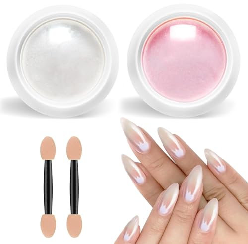 DMQ Chrome Nail Powder, 2Pcs Fairy Nail Chrome Powders Set with Metallic Mirror Effect, Pink White Pearl Nail Glitter Powder Manicure Holographic Pigment for Women Nail Art Decoration DIY
