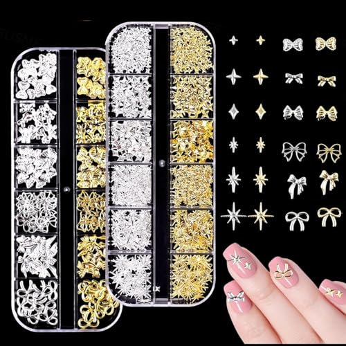 Gold Silver 3D Nail Charms, 2pcs Stunning Metal Alloy Bow and Star Nail Gems, Perfect Nail Art Decorations and DIY Craft Accessories for Creative Nail Designs