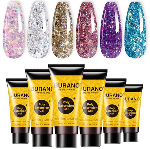 BURANO Poly Extension Gel Nail Kit, 6 Colors Nail Poly Nails Builder Gel Set for Beginner & Professional Using, DIY Starter Kit Nail Art Gift (Sparkle)