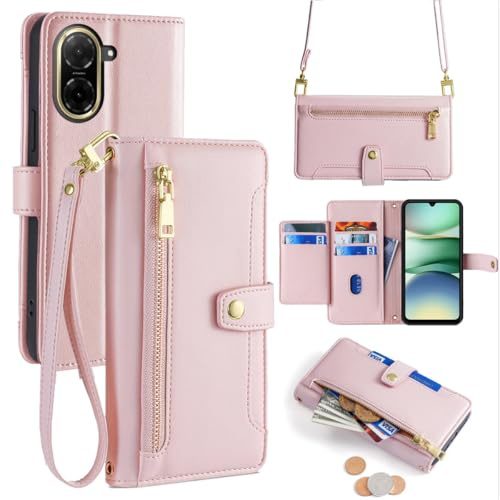 betterfon Handykette kompatibel mit Xiaomi Redmi A5 / Poco C71 | Leder Handyhülle mit Kartenfächern | Handyhülle zum Umhängen | Rosa