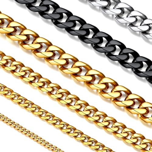 Suplight Chaîne pour Homme Cubaine en Acier | Collier 3/6/9mm Maille gourmette Longueur 35/46/51/56/61/66/71/76cm,Couleur Argent/Or/Noir