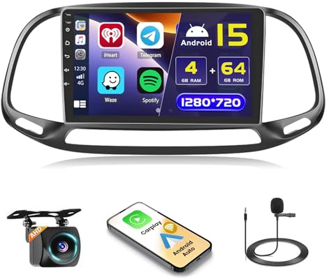 Hikity 4+64G 9 Android Autoradio für FIAT Doblo/Yeni Kasa 2015 | Touchscreen Wireless Carplay Autoradio 2 DIN GPS Navi Bluetooth WiFi FM/RDS Rückfahrkamera Lenkradsteuerung 4+64G