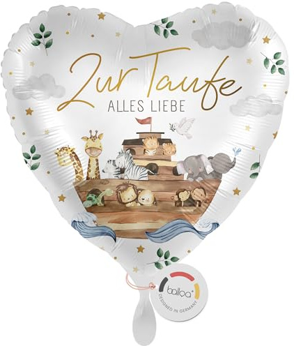balloa Folienballon XXL Zur Taufe Alles Liebe Arche Noah mit Tieren und Regenbogen, Helium Ballon als Geschenk zur Taufe für Jungen oder Mädchen, Herzballon, Tischdeko und Raumdeko für Kirche, 53cm
