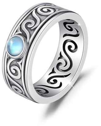 925 Sterling Silber Mondstein Spinner Ring, Oxidierter Vintage Ring mit Wirbelmuster und Drehfunktion für Damen Herren, Stressabbau Schmuck Unisex Geschenk