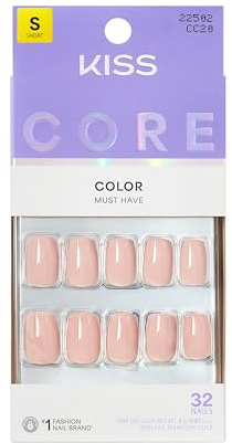 KISS CORE Color Press On Nails, ‘Aesthetic’, Pink, Short Squoval, 32 Count