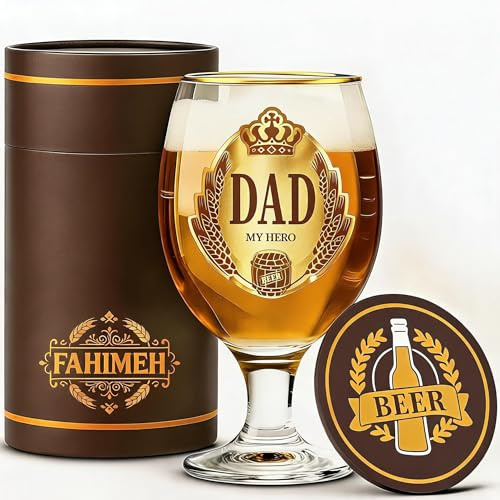 FAHIMEH Dad Gifts, Beer Glass Present for Father's Day, Birthday, Christmas | Best Dad Gift from Daughter or Son Personalised Ideas Beer Glasses Gift Set for Men, Includes Coaster, 400ml
